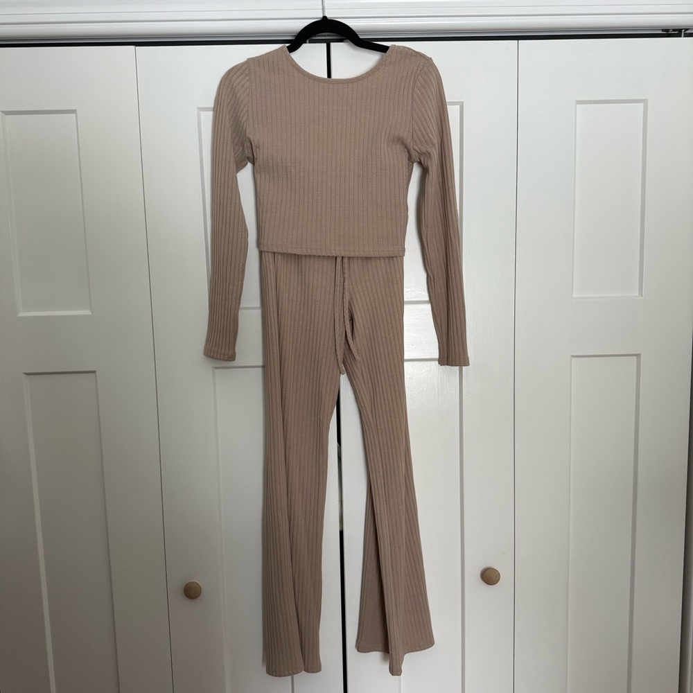 Beige Ribbed Shirt & Pant Set